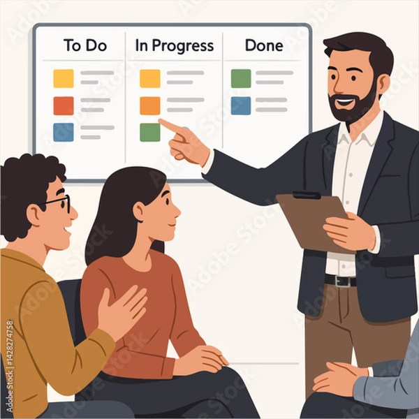 Obraz Team meeting discussing project progress using kanban board