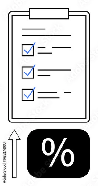 Fototapeta Clipboard with three checked items and an upward arrow next to a percentage symbol. Ideal for progress, goals, efficiency, finance, performance, success, and improvement. Flat simple metaphor