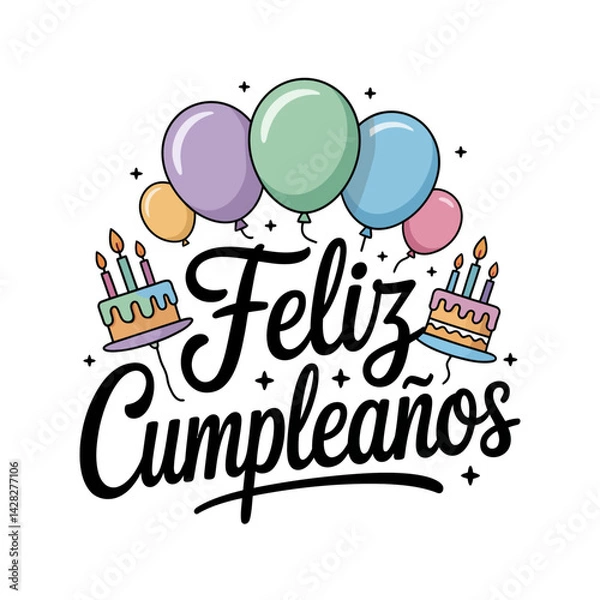 Obraz Brightly colored balloons and cakes with lit candles surround the phrase Feliz Cumpleaños in playful lettering.