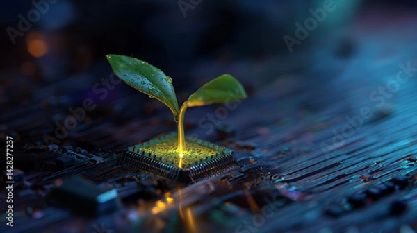 Obraz Futuristic Farming Concept: A Green Plant Growing from a Glowing Microchip on a Circuit Board