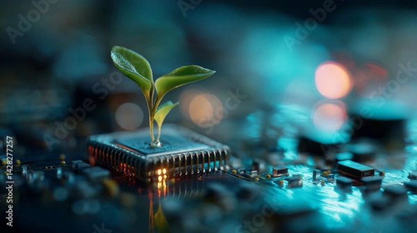 Obraz Smart Growth: A Young Plant Sprouting from a Microchip in a Symbolic Blend of Nature and High Technology