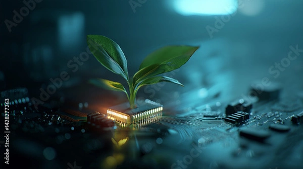 Obraz Green Technology Concept: A Lush Plant Emerging from a Glowing Microchip in a Futuristic Agricultural Scene