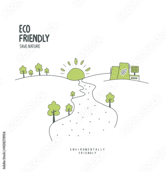 Obraz Vector hand drawn cartoon sketch of field with green trees and eco factory with solar panels as a alternative energy resourse.Environmentally friendly planet concept. 