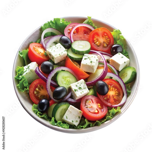 Fototapeta Realistic Greek salad with feta cheese, olives, cucumber, tomato, and red onion, PNG file for mock-up.