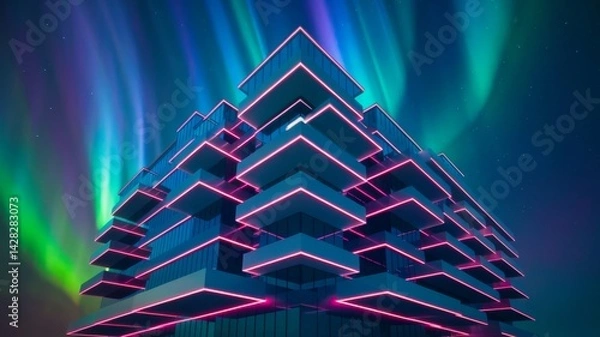 Fototapeta Architectural Marvel: Illuminated structure with striking angles and radiant lines set against the shimmering aurora borealis.