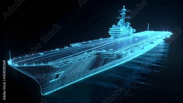 Fototapeta Wireframe aircraft carrier in digital ocean environment. 3D holographic battleship rendering. Military naval technology concept. Design for banner, print, poster