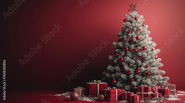 Obraz Crimson Christmas d?cor features a snow-dusted tree and presents.