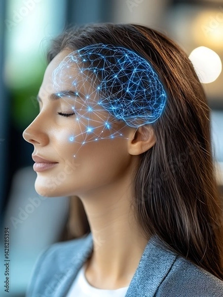 Fototapeta Woman with Brain, Neural Network, and Office.
