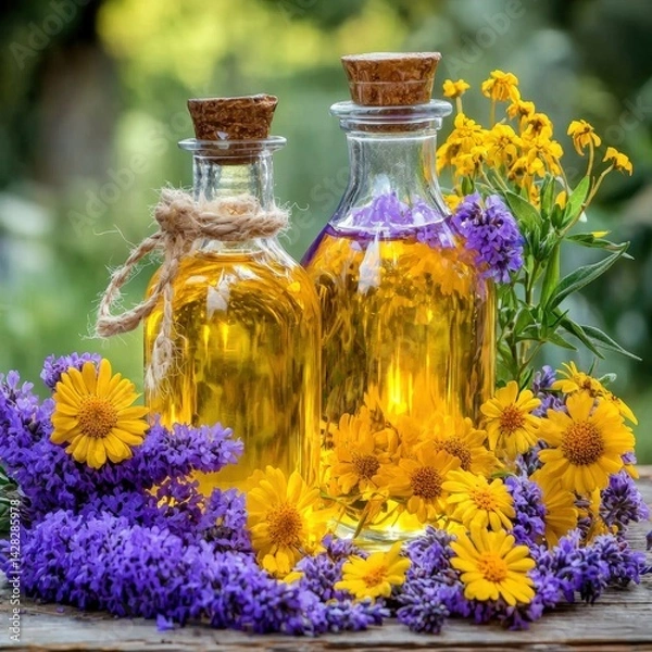 Fototapeta A beautiful arrangement of a bottle of essential oil surrounded by vibrant fresh flowers