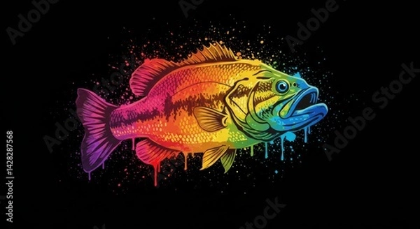 Fototapeta Vibrant bass silhouette exploding with colorful dripping paint on black backdrop