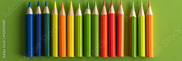 Fototapeta Row of sharp colored pencils arranged in rainbow spectrum order (blue, green, yellow, orange, red) standing upright against a solid green background. Art supplies concept.
