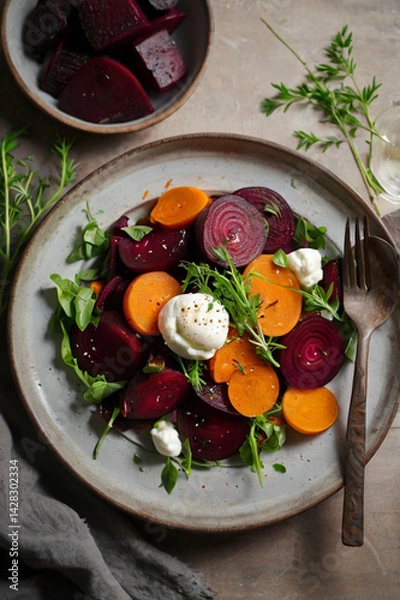 Obraz Roasted beet and carrot salad. The perfect sweet & salty summer appetizer.