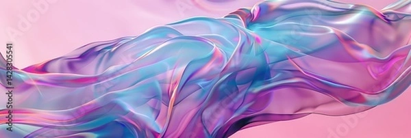 Fototapeta Panoramic abstract background featuring flowing, swirling shapes resembling iridescent fabric or liquid metal in shades of pink, blue, and purple. Fluid motion.
