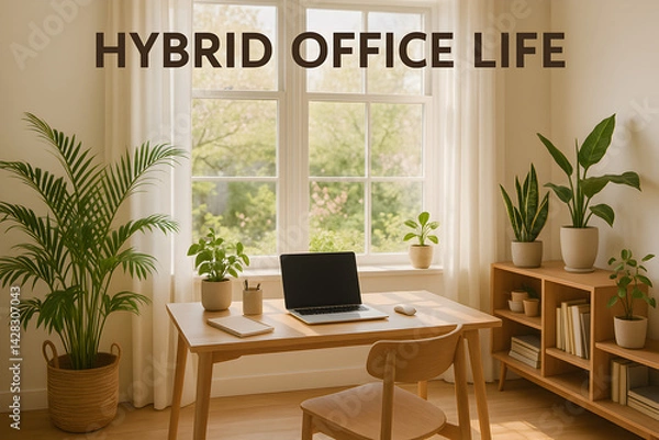 Fototapeta A tidy modern home office with indoor plants, large windows, and a cozy spring feel. "Hybrid Office Life"

