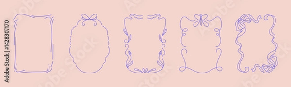 Fototapeta Collection of doodle hand drawn trendy frames with wavy lines, bows and ribbons. Minimalist line art for birthday, christmas, wedding Invitations.