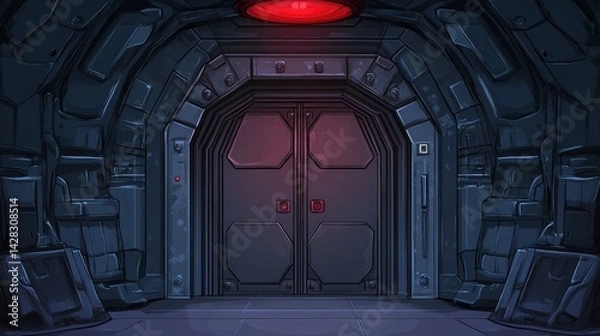 Obraz Dark, metallic passageway ending in a sealed double door.