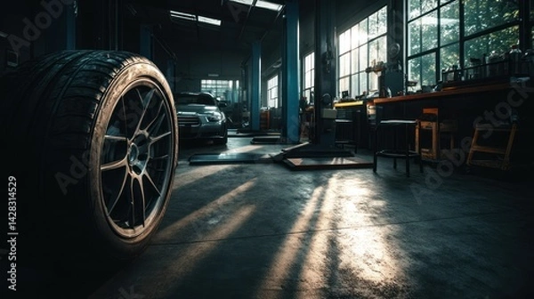 Obraz Inside a mechanic's garage with sunlight illuminating the floor.