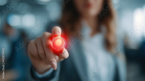 Obraz Woman's finger points towards a glowing red button.