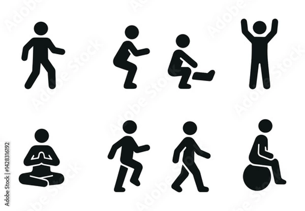 Fototapeta Fitness and exercise silhouette icons set – solid style workout, gym, and wellness symbols for health routines: walking, squats, stretching, meditation, yoga, aerobics, pilates
