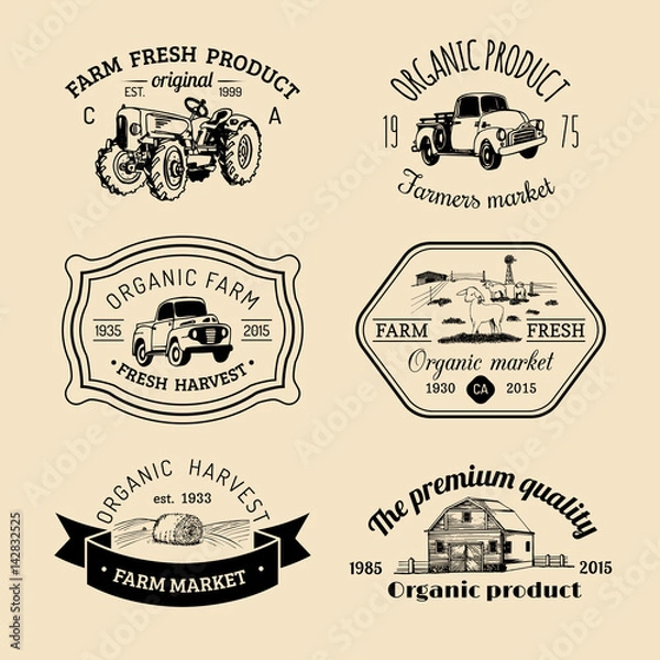 Fototapeta Vector retro set of farm fresh logotypes. Vintage labels with hand sketched agricultural equipment illustrations.
