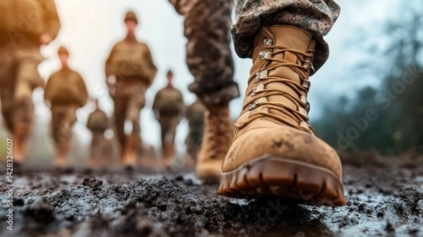Fototapeta A close-up of soldier boots treading on muddy wet ground, illustrating the strength and determination of the military while traversing through tough terrain together.