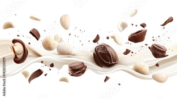 Fototapeta Delicious milk chocolate and white chocolate pieces in motion