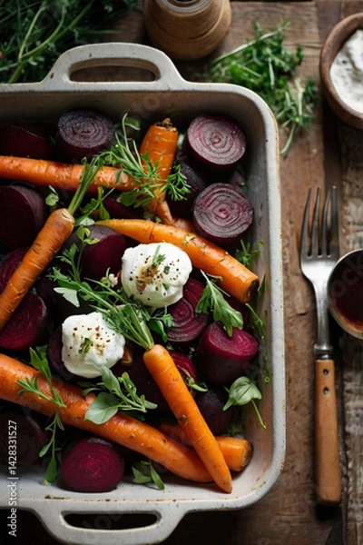 Obraz Roasted beet and carrot salad. The perfect sweet & salty summer appetizer.