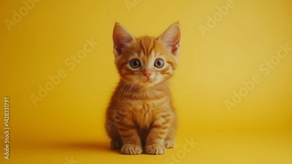 Fototapeta A shy, worried, and depressed orange tabby kitten sits alone on a bright yellow background, symbolizing mental health struggles.