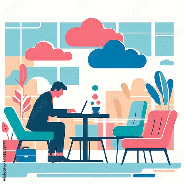 Fototapeta Minimalist vector illustration of a man with a laptop in a cafe environment, sitting at a table in coffee shop