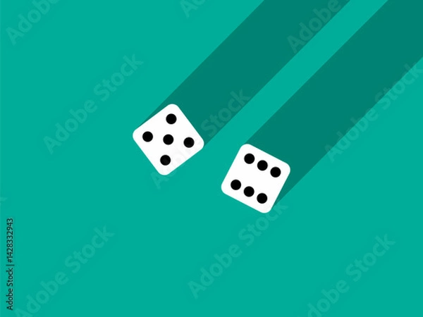 Fototapeta A pair of dice with numbers 5 and 6. Craps dice pair on a green table with a long shadow, top view. Casino dice game. Design for applications, banners, booklets, covers. Vector illustration