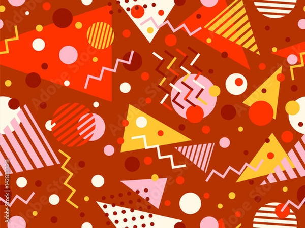 Fototapeta Geometric seamless pattern with memphis elements in 80s style. Colorful pattern with different geometric shapes. Design for packaging, covers, wrapping and promotional products. Vector illustration