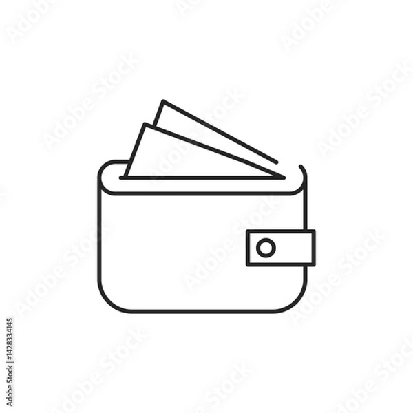 Fototapeta Black outlined isolated image of wallet billfold with currency. Cash symbol. Vector icon in flat style