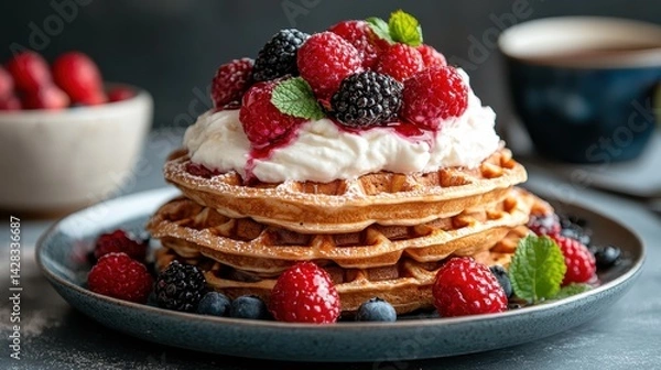 Fototapeta A delicious stack of fluffy waffles topped with whipped cream, fresh raspberries, blackberries, and blueberries, creating a vibrant and appetizing breakfast scene.