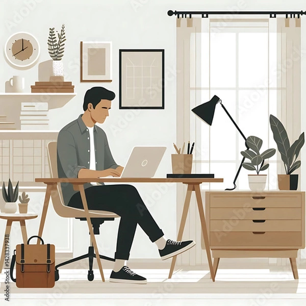 Fototapeta flat vector of a man working on a laptop in a minimalist home office setup, clean white background, neutral tones, Scandinavian-style decor