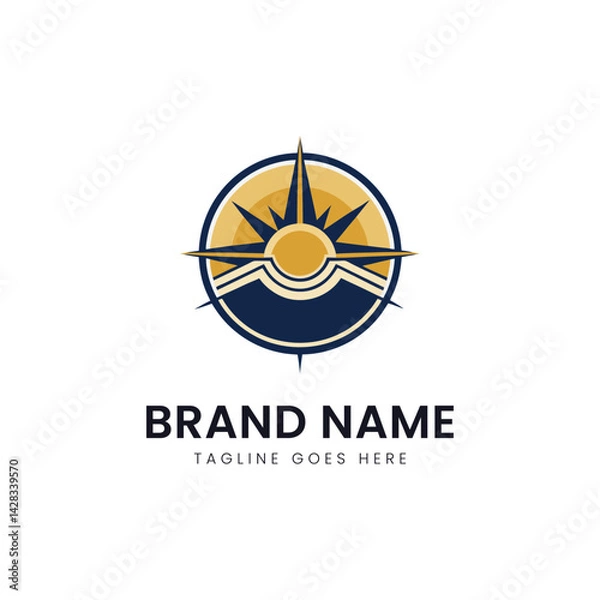 Fototapeta A modern circular logo featuring a stylized sun with rays, set against a dark blue and gold color scheme, exuding professionalism and creativity.