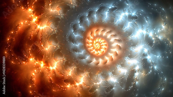 Fototapeta Mesmerizing fractal art depicting a fiery orange and cool blue spiral nebula.  Perfect for concepts of energy, duality, creation, or the cosmos.