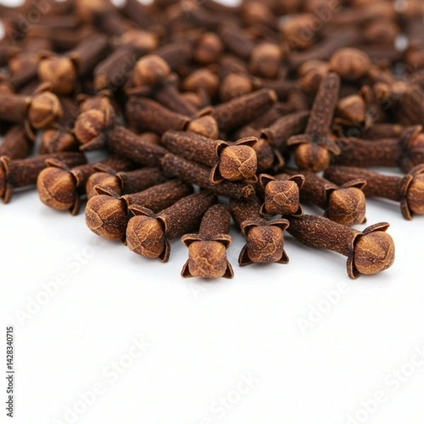 Fototapeta Close-up of aromatic dried cloves on white background.