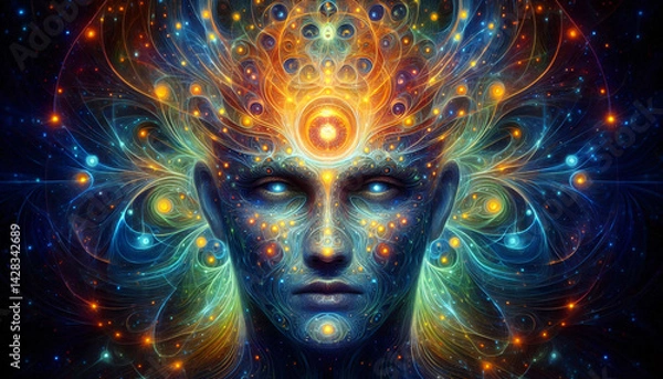 Fototapeta Mystic fractal energy emerging from calm face with glowing third eye, digital portrait blending metaphysical awareness with medical and cosmic light symbolism in psychedelic art