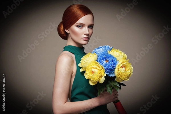 Fototapeta Pretty redhead woman, model appearance, looking at the camera. Copy space. Background, AI generated