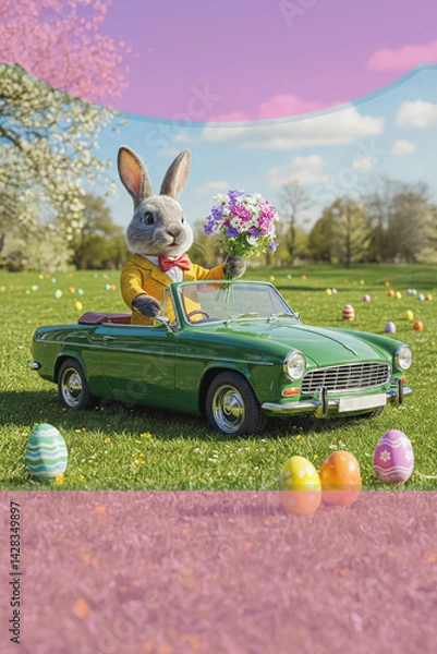 Fototapeta Easter bunny in a car, convertible, on a green lawn. Poster with copy space. Toy car with Easter eggs. Easter background. AI-generated