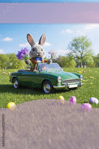 Fototapeta Easter bunny in a car, convertible, on a green lawn. Poster with copy space. Toy car with Easter eggs. Easter background. AI-generated