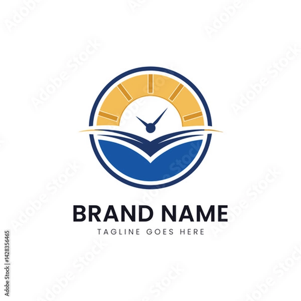 Fototapeta Professional logo design featuring a stylized sun and clock, symbolizing time and optimism. The palette includes blue and yellow hues for a vibrant appeal.