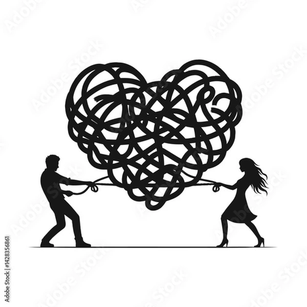 Obraz Silhouette of two people pulling a tangled wire shaped like a heart, concept of fixing relationships, black vector icon, isolated 