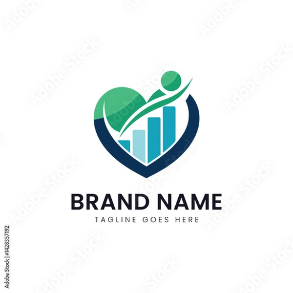 Fototapeta A modern logo featuring a heart combined with a bar chart, representing health and growth, in soothing green and blue tones.