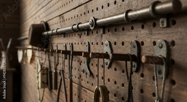 Obraz Rustic Workshop Wall Organizer: Vintage Tools and Industrial Design