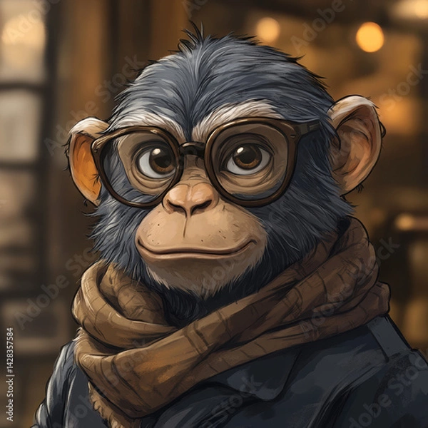 Fototapeta Stylish monkey wearing glasses with a scarf in a cozy setting  