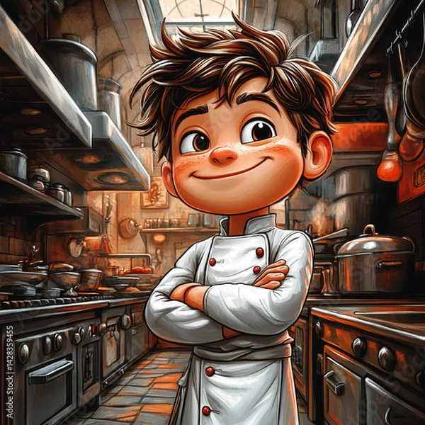 Obraz Young Chef Smiling and Posing Confidently in a Kitchen  