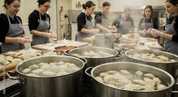 Fototapeta A Group of Young Chefs Prepare Delicious Pierogi in a Busy Kitchen