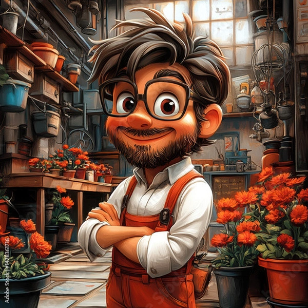 Obraz Cheerful man posing with arms crossed in a flower shop  
