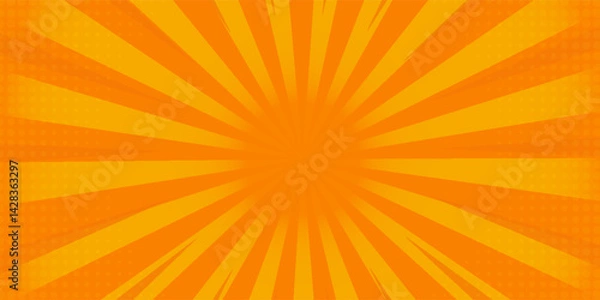 Fototapeta Bright orange-yellow gradient abstract background. Orange comic sunburst effect background with halftone. Suitable for templates, sales banners, events, ads, web, and pages